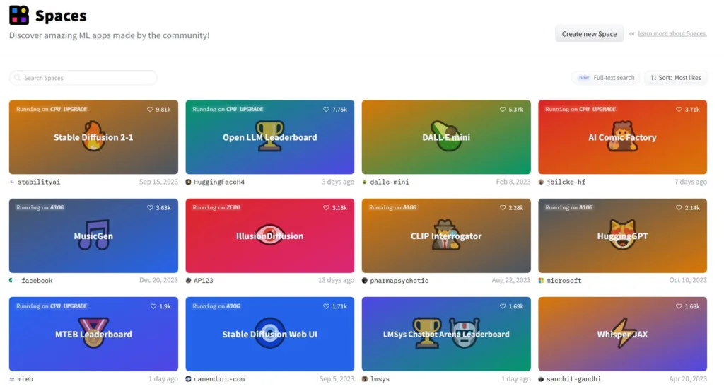 Hugging Face: Screenshot der Spaces, also der KI-App der User