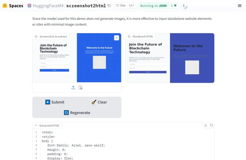 Die ML-App "Screenshot2HTML" auf Hugging Face, Screenshot: Aus einem Foto einer Website wird der HTML-Code per "Reverse Engineering" ermittelt