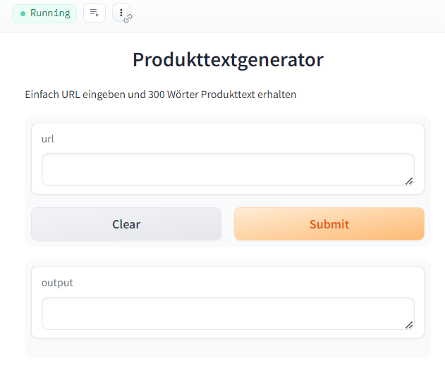 Produkttextgenerator: Screenshot eines HuggingFace Spaces.